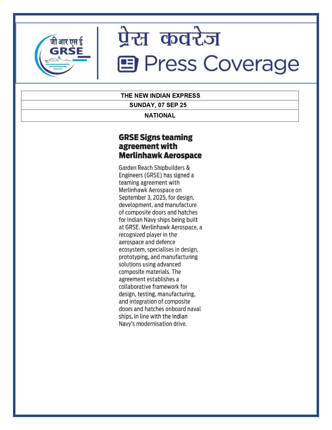 07 Sept 25:GRSE signs teaming agreement with Merlinhawk Aerospace